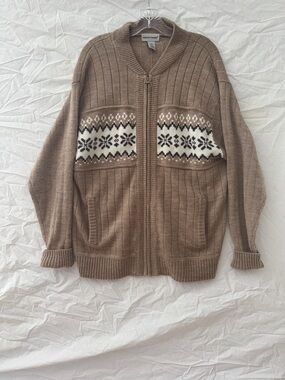David Taylor Grandpacore Brown Zip-Up Fair Isle Panel Sweater